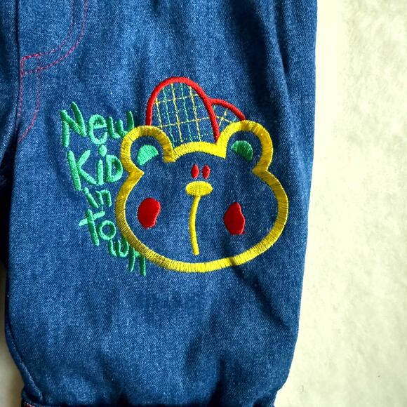 Vintage 90s K.K. Kid's Fashion 3-Piece Overall Set Unisex 6-9M Denim Plaid Bear - Picture 5 of 10